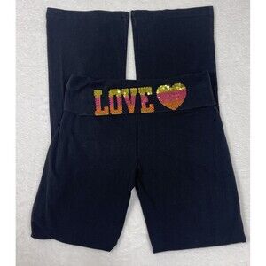 Y2K LOVE Fold Over Yoga Pants Bling Sequin Logo Small Black Flare Leg Spellout